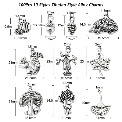 100Pcs 10 Styles Autumn Tibetan Style Alloy Pendants TIBEP-CJ0002-56-1