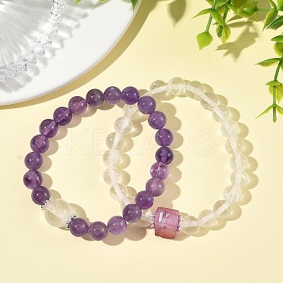 2Pcs 2 Styles Natural Amethyst & Quartz Crystal Round Beaded Stretch Bracelet Sets BJEW-TA00751-1