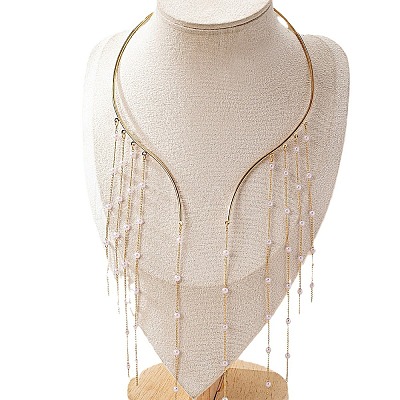 Alloy & Plastic Imitation Pearl Round Beaded Long Tassel Cuff Choker Necklaces for Women FS-WGD3D1C-01-1