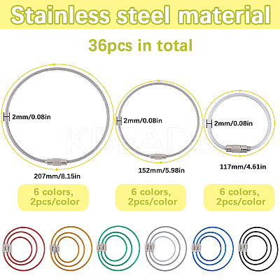 36Pcs 18 Styles Rubber Cover Stainless Steel Wire Cable Keychains FIND-SC0013-72-1