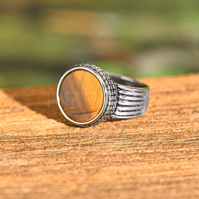 304 Stainless Steel with Natural Tiger Eye Finger Rings for Men FS-WGE1297-04-1