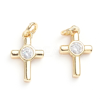 Brass Micro Pave Cubic Zirconia Tiny Cross Charms ZIRC-G165-03G-1