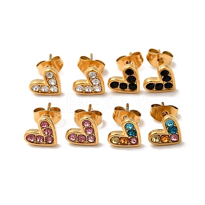 Ion Plating(IP) Heart 304 Stainless Steel Rhinestone Stud Earrings EJEW-A081-15G-1