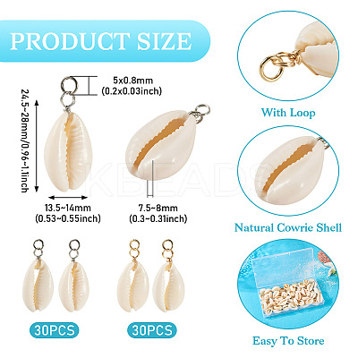 60Pcs 2 Colors Natural Cowrie Shell Pendants PALLOY-TA00305-1