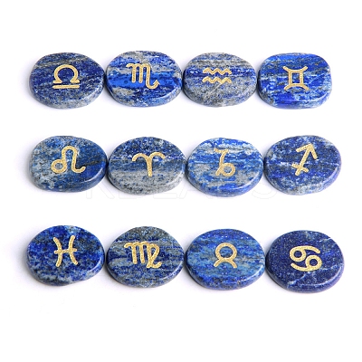 12Pcs Natural Lapis Lazuli Engraved 12 Constellation Oval Display Decoration PW-WG17432-01-1