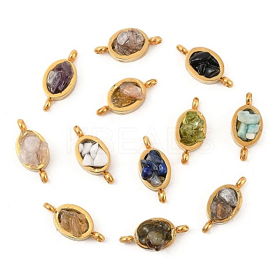 Natural Mixed Gemstone Chip 304 Stainless Steel Oval Connector Charms KK-P300-11G-1