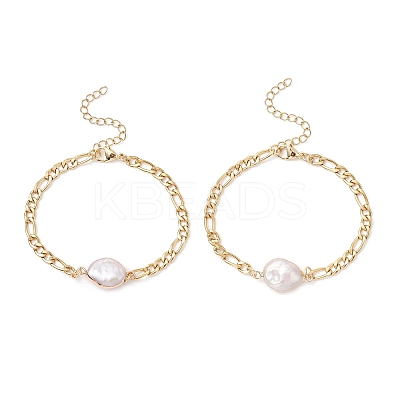 304 Stainless Steel with Natural Keshi Pearl Link Bracelets BJEW-JB12156-1