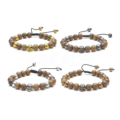 4Pcs 4 Color Natural Wood & Alloy Skull & Synthetic Hematite Braided Bead Bracelets Set BJEW-JB09214-1