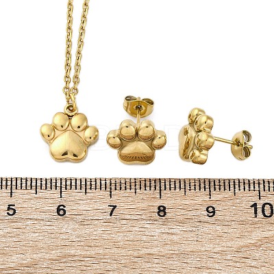 Dog Paw Print 304 Stainless Steel Pendant Necklaces & Bracelets & Stud Earrings Sets for Women SJEW-C004-20G-1