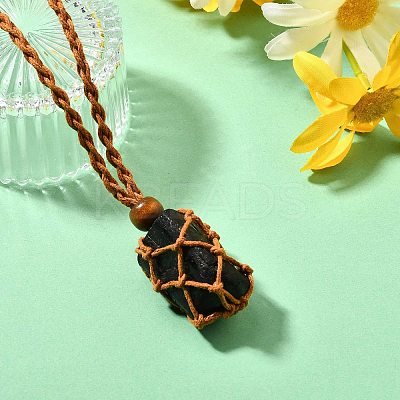 Natural Black Tourmaline Macrame Pouch Adjustable Slider Necklaces NJEW-M090-01-1