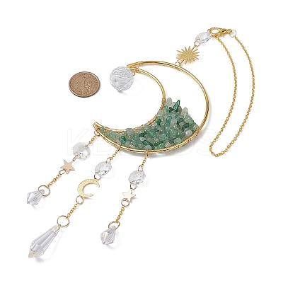 Wire Wrapped Natural Green Aventurine Chip & Brass Moon Pendant Decorations HJEW-JM01504-05-1