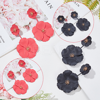 2 Pairs 2 Colors Alloy Double Flower Dangle Stud Earrings EJEW-AN0001-31-1