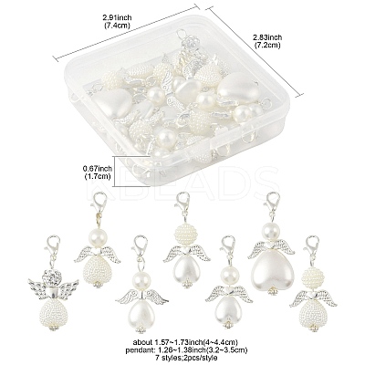 14Pcs 7 Styles ABS Plastic Imitation Pearl & Alloy Pendant Decorations HJEW-FS00042-01-1
