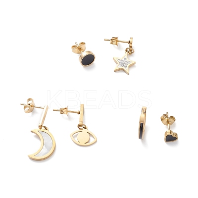 3 Pair 3 Style Synthetic Shell Moon & Rhinestone Star & Heart Asymmetrical Earrings EJEW-B020-17G-1