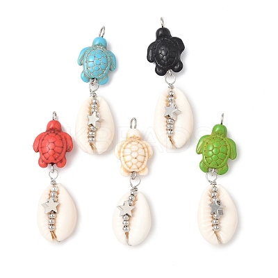 Dyed Synthetic Turquoise Turtle & Natural Cowrie Shell Pendants PALLOY-JF03861-S-1