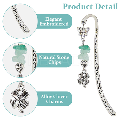 12Pcs 4 Styles Natural Rose Quartz & Green Aventurine & Amethyst & Red Agate Chips & Alloy Clover Charms Bookmarks AJEW-HS00008-1