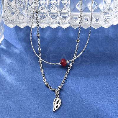304 Stainless Steel & Dyed Natural White Jade Feather Pendant Double Layer Necklaces for Women NJEW-A045-20P-1