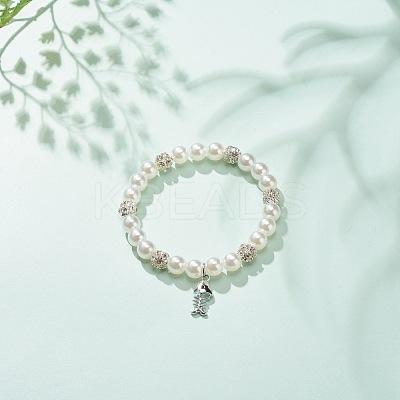 ABS Plastic Imitation Pearl  & Rhinestone Beaded Stretch Bracelet with Alloy Charm for Women BJEW-JB08526-04-1