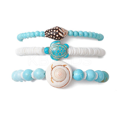 3Pcs 3 Styles Summer Beach Turtle Dyed Synthetic Turquoise & Shell Bead Bracelet Sets BJEW-JB10313-1