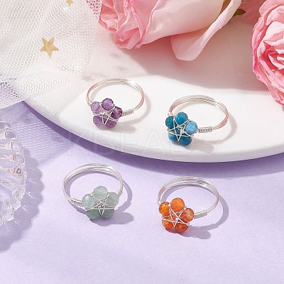 Flower Natural Green Aventurine & Carnelian & Amethyst & Apatite Finger Rings RJEW-TA00158-1