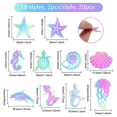 20Pcs 10 Styles Ion Plating(IP) 201 Stainless Steel Etched Metal Embellishments Pendants STAS-CA0002-35-1