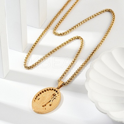 201 Stainless Steel Virgin Mary Pendant Wheat Chain Necklaces for Men NJEW-S387-09G-05-1