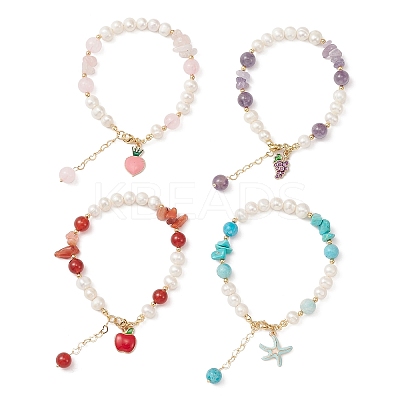 4Pcs 4 Style Grape & Apple & Peach & Starfish Alloy Enamel Charm Bracelets Set BJEW-TA00287-1