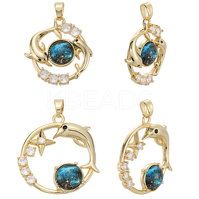 6Pcs 2 Styles Brass Micro Pave Clear Cubic Zirconia with Glass Pendants KK-BBC0019-04-1