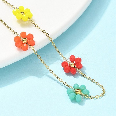 304 Stainless Steel & Synthetic Stone Daisy Flower Chain Anklets for Women AJEW-B031-01G-03-1