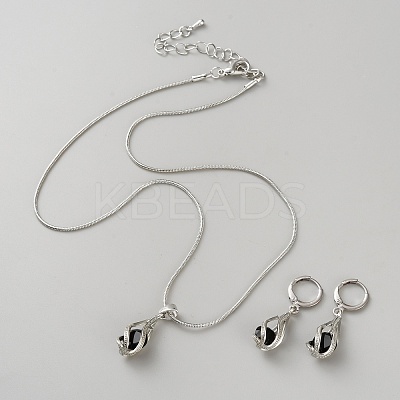 Teardrop Brass & Cubic Zirconia Pendant Necklaces & Hoop Earrings Jewelry Set for Women SJEW-WH0008-05P-02-1