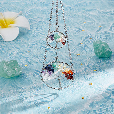 Flat Round with Tree of Life Mixed Stone Pendant Decorations HJEW-AB00162-1