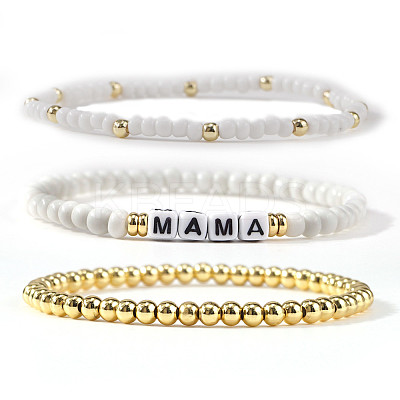 3Pcs Mother's Day Brass & Glass Seed Beads Stretch Bracelets SK3516-3-1