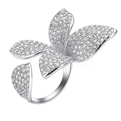 Butterfly Brass Micro Pave Clear Cubic Zirconia Adjustable Cuff Rings for Women FS-WG64577-01-1