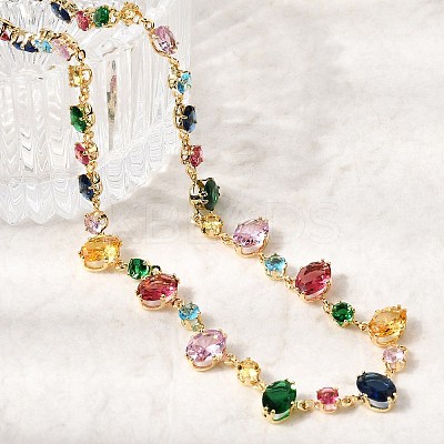 Brass Pave Colorful Cubic Zirconia Geometric Link Chain Necklaces NJEW-C111-03B-1
