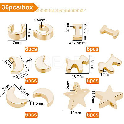 36Pcs 6 Style Brass Pendants KK-BC0002-11G-1