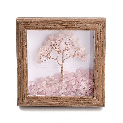 Natural Rose Quartz Chips Tree of Life with Wooden Photo Frame Decorations DJEW-B013-04C-1