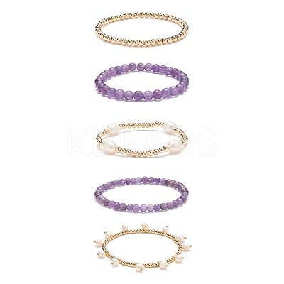 5Pcs 5 Style Natural Amethyst & Brass Beaded Stretch Bracelets Set BJEW-JB08870-01-1