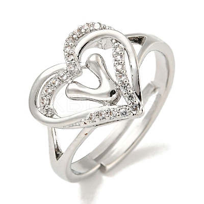 Heart with Letter Rack Plating Brass Micro Pave Clear Cubic Zirconia Adjustable Rings for Women RJEW-I105-01P-V-1