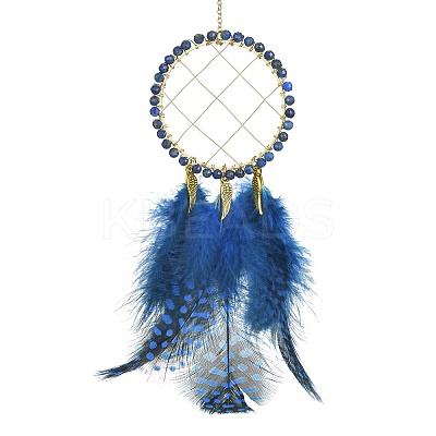 Natural Lapis Lazuli Woven Net/Web with Feather Wall Hanging Decoration HJEW-JM01222-03-1
