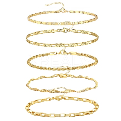 5Pcs 5 Styles Brass Chain Bracelets for Women BJEW-D357-02G-1