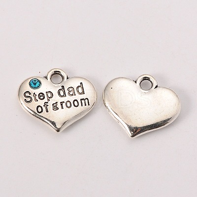 Wedding Theme Antique Silver Tone Tibetan Style Alloy Heart with Step Dad of Groom Rhinestone Charms LS-TIBEP-N005-23A-1