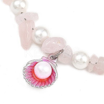 4Pcs 4 Styles Alloy Enamel Shell Shape Charm White Round Shell Pearl & Natural Rose Quartz & Flower Amazonite & Dyed Aquamarine & Amethyst Chip Beaded Anklets AJEW-AN00734-1