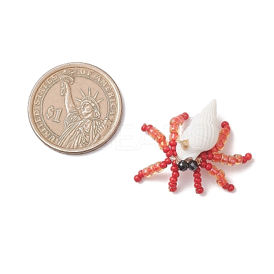 Faceted Round Natural Black Spinel & Natural Trumpet Shell & Glass Seed Beaded Crab Pendants PALLOY-MZ01177-01-1