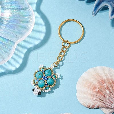 Handmade Glass Seed Beads & Synthetic Turquoise Turtle Pendant Keychain KEYC-MZ00024-02-1