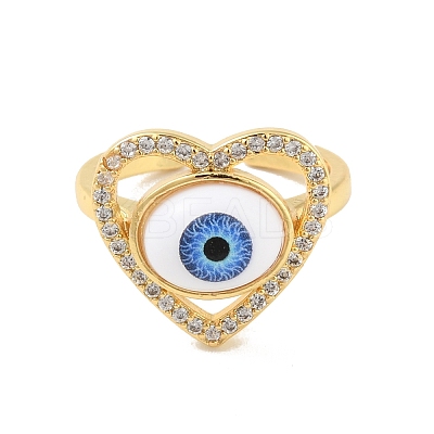 Cubic Zirconia Heart with Evil Eye Open Cuff Ring with Acrylic RJEW-B042-05G-04-1