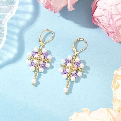 Flower with Cross 304 Stainless Steel Earrings Glass Seeds Leverback Earrings EJEW-MZ00507-03-1