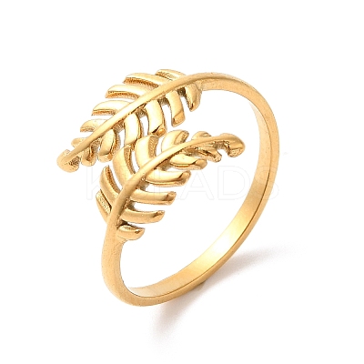 Ion Plating(IP) 304 Stainless Steel Leaf Open Cuff Ring for Women RJEW-K245-40G-1