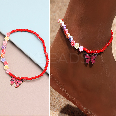 Alloy Butterfly Charm Glass Seed Beaded Stretch Anklets for Beach Party WG08358-02-1