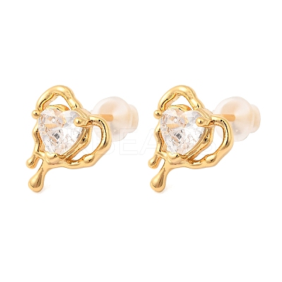 Brass Micro Pave Clear Cubic Zirconia Heart Stud Earrings EJEW-C158-08G-1