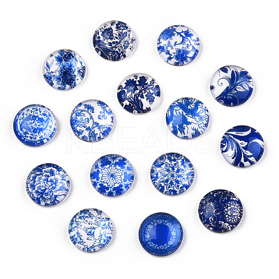 Blue and White Floral Printed Glass Cabochons GGLA-A002-12mm-XX-1